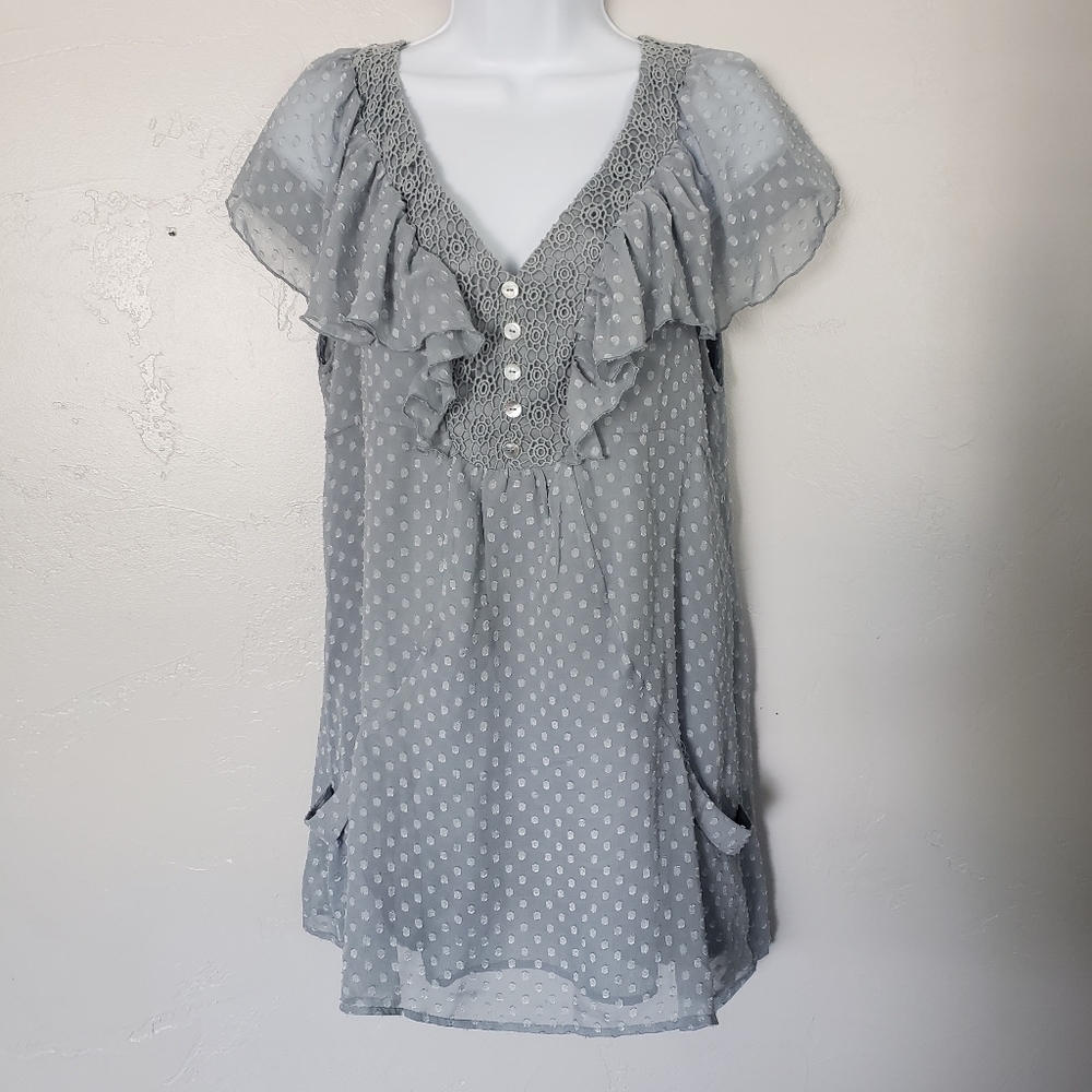 Daniel Rainn Small Dusty Blue Short Sleeve Tunic Blouse Swiss Dot Pockets Top